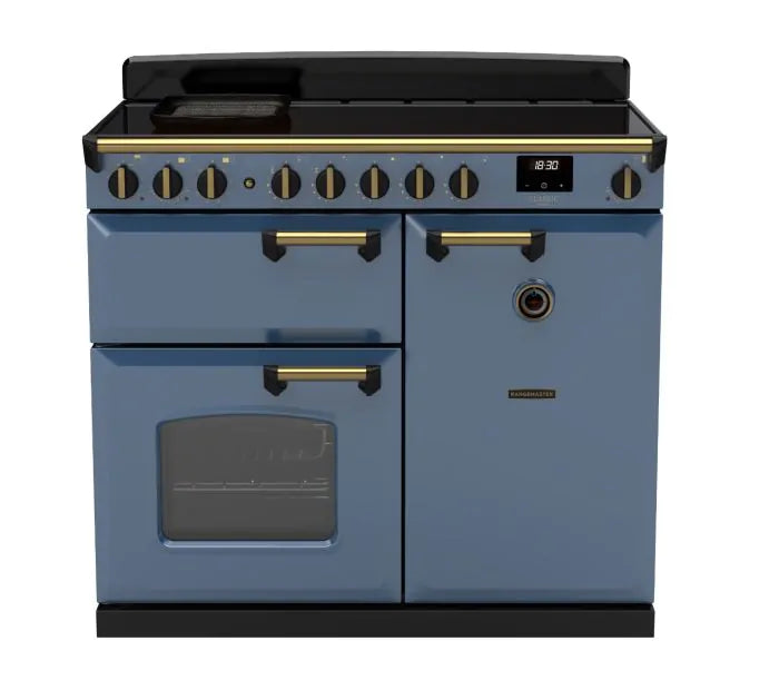 Load image into Gallery viewer, Rangemaster Classic Deluxe 100 Induction Stone Blue with Antique Brass Trim | CLDL100EIPSTB/AB1