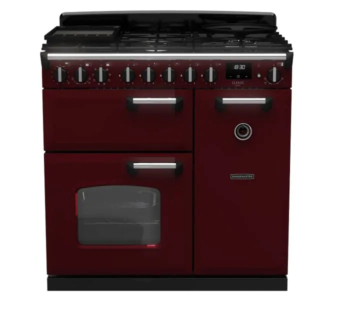 Завантажте зображення в засіб перегляду галереї, Rangemaster Classic Deluxe 90 Dual Fuel Range Cooker Bordeaux with Chrome Trim | CLDL90DFPBOR/CM1