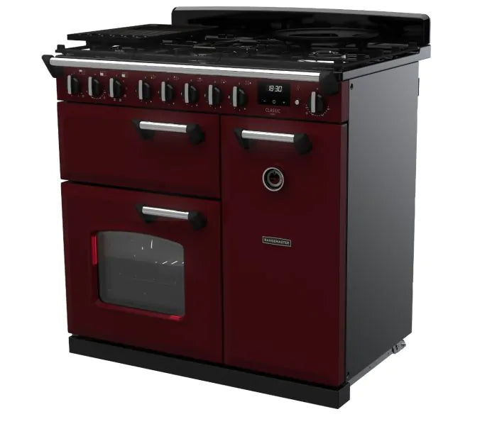 Завантажте зображення в засіб перегляду галереї, Rangemaster Classic Deluxe 90 Dual Fuel Range Cooker Bordeaux with Chrome Trim | CLDL90DFPBOR/CM1