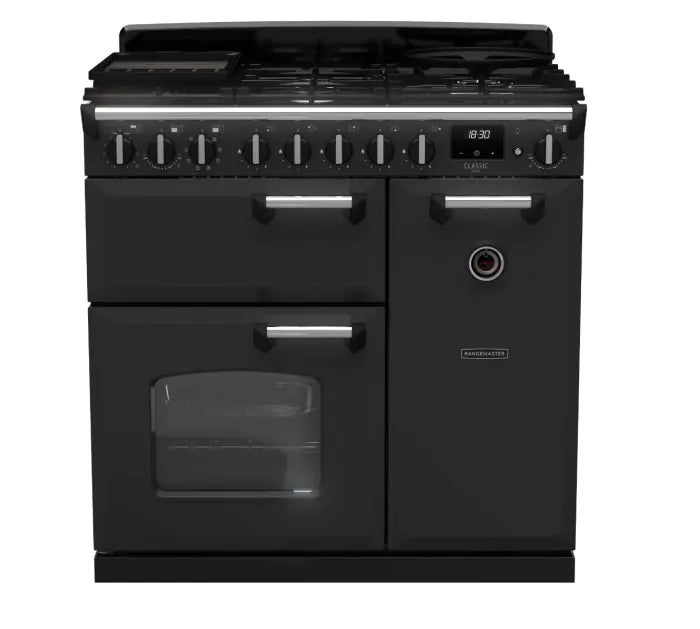 Load image into Gallery viewer, Rangemaster Classic Deluxe 90 Dual Fuel Charcoal Black with Chrome Trim | CLDL90DFPCBL/CM1