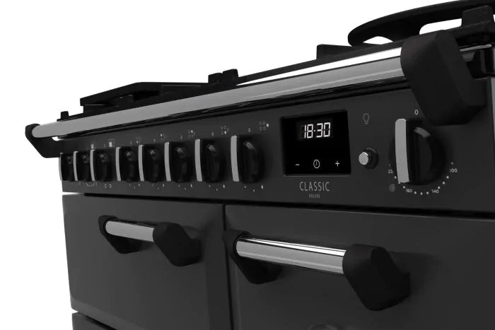 Load image into Gallery viewer, Rangemaster Classic Deluxe 90 Dual Fuel Charcoal Black with Chrome Trim | CLDL90DFPCBL/CM1