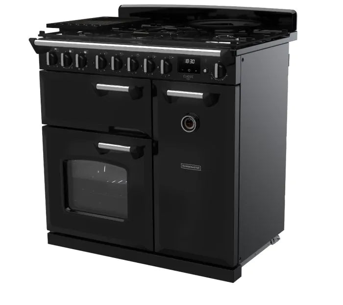 Załaduj obraz do przeglądarki galerii, Rangemaster Classic Deluxe 90cm Dual Fuel Range Cooker | Black | CLDL90DFPGBL/CM1