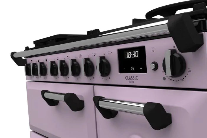 Завантажте зображення в засіб перегляду галереї, Rangemaster Classic Deluxe 90 Dual Fuel Heather with Chrome Trim | CLDL90DFPHTH/CM1