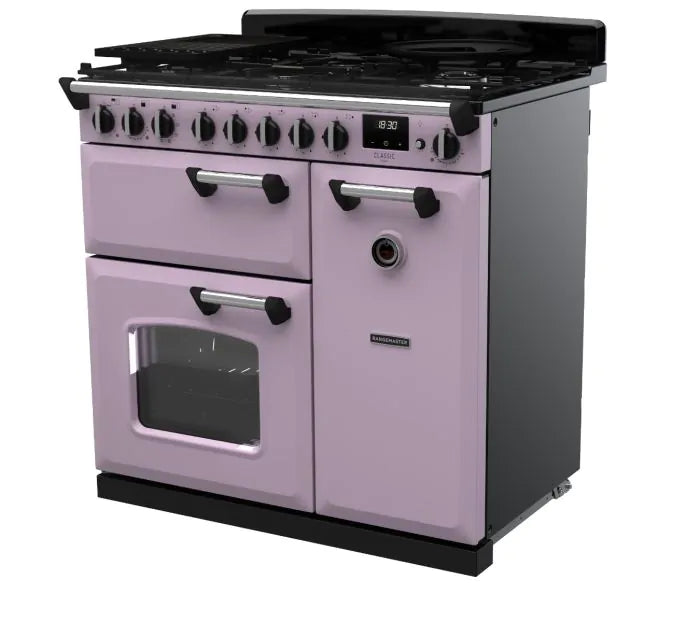 Завантажте зображення в засіб перегляду галереї, Rangemaster Classic Deluxe 90 Dual Fuel Heather with Chrome Trim | CLDL90DFPHTH/CM1