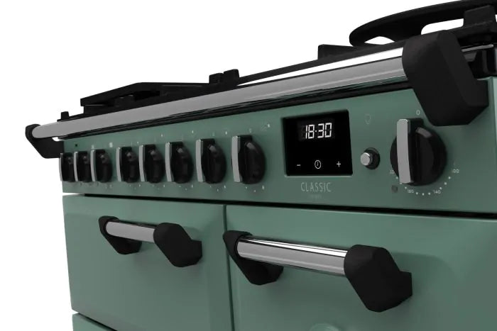 Load image into Gallery viewer, Rangemaster Classic Deluxe 90 Dual Fuel Mineral Green with Chrome Trim | CLDL90DFPMGR/CM1