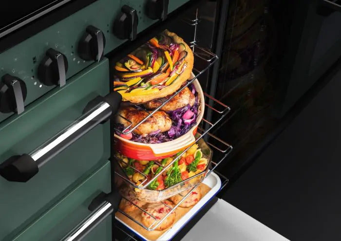 Load image into Gallery viewer, Rangemaster Classic Deluxe 90 Dual Fuel Mineral Green with Chrome Trim | CLDL90DFPMGR/CM1