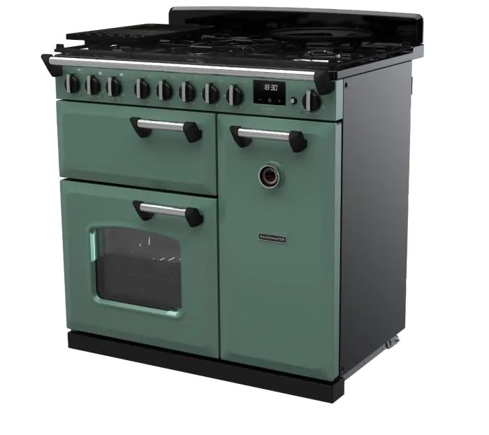 Load image into Gallery viewer, Rangemaster Classic Deluxe 90 Dual Fuel Mineral Green with Chrome Trim | CLDL90DFPMGR/CM1