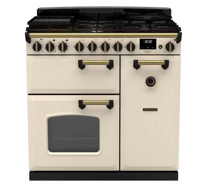 Завантажте зображення в засіб перегляду галереї, Rangemaster Classic Deluxe 90 Dual Fuel Pale Cream with Antique Brass Trim | CLDL90DFPPCR/AB1