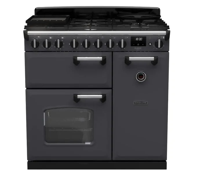 Załaduj obraz do przeglądarki galerii, Rangemaster Classic Deluxe 90 Dual Fuel Slate with Chrome Trim | CLDL90DFPSLT/CM1