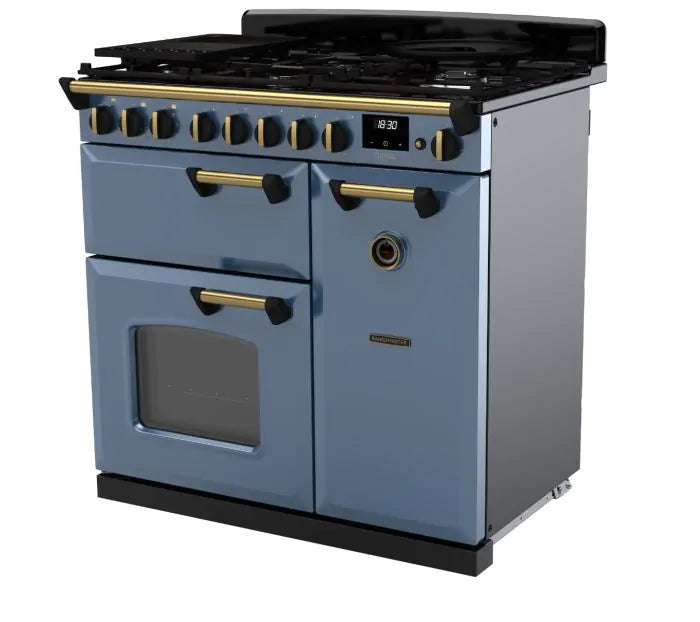Załaduj obraz do przeglądarki galerii, Rangemaster Classic Deluxe 90 Dual Fuel Stone Blue with Antique Brass Trim | CLDL90DFPSTB/AB1