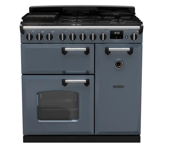 Załaduj obraz do przeglądarki galerii, Rangemaster Classic Deluxe 90 Dual Fuel Stone Blue with Chrome Trim | CLDL90DFPSTB/CM1
