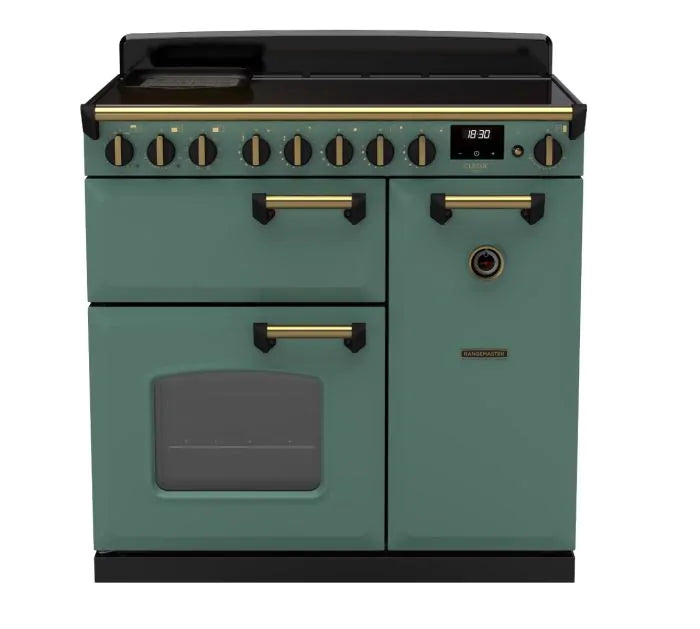 Завантажте зображення в засіб перегляду галереї, Rangemaster Classic Deluxe 90 Induction Mineral Green with Antique Brass Trim | CLDL90EIPMGR/AB1