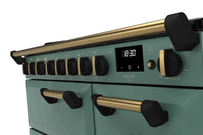 Завантажте зображення в засіб перегляду галереї, Rangemaster Classic Deluxe 90 Induction Mineral Green with Antique Brass Trim | CLDL90EIPMGR/AB1
