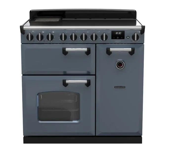 Load image into Gallery viewer, Rangemaster Classic Deluxe 90 Induction Stone Blue with Chrome Trim | CLDL90EIPSTB/CM1