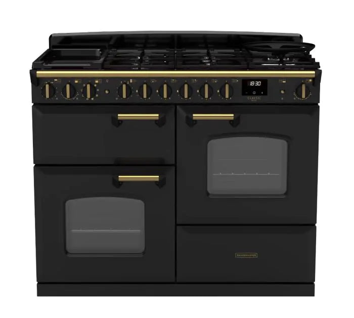 Load image into Gallery viewer, Rangemaster Classic Deluxe Oc 110 Dual Fuel Charcoal Black with Antique Brass Trim | CLDLO110DFPCBL/AB1