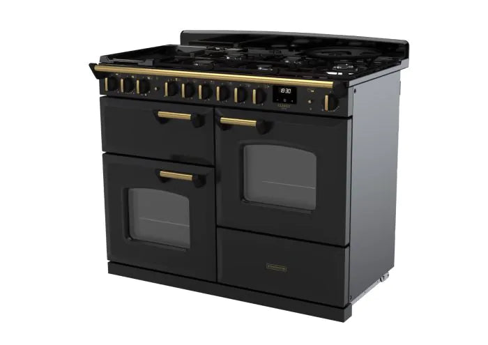 Load image into Gallery viewer, Rangemaster Classic Deluxe Oc 110 Dual Fuel Charcoal Black with Antique Brass Trim | CLDLO110DFPCBL/AB1