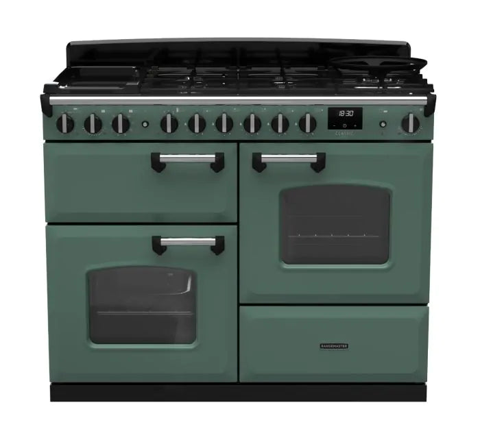 Load image into Gallery viewer, Rangemaster Classic Deluxe Oc 110 Dual Fuel Mineral Green with Chrome Trim | CLDLO110DFPMGR/CM1