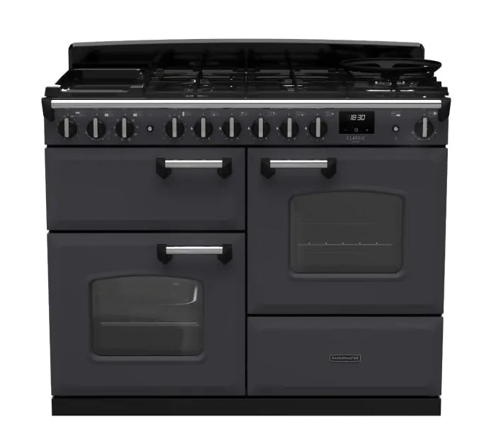 Завантажте зображення в засіб перегляду галереї, Rangemaster Classic Deluxe Oc 110 Dual Fuel Slate with Chrome trim | CLDLO110DFPSLT/CM1