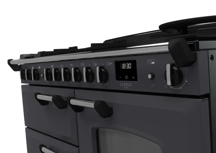 Завантажте зображення в засіб перегляду галереї, Rangemaster Classic Deluxe Oc 110 Dual Fuel Slate with Chrome trim | CLDLO110DFPSLT/CM1