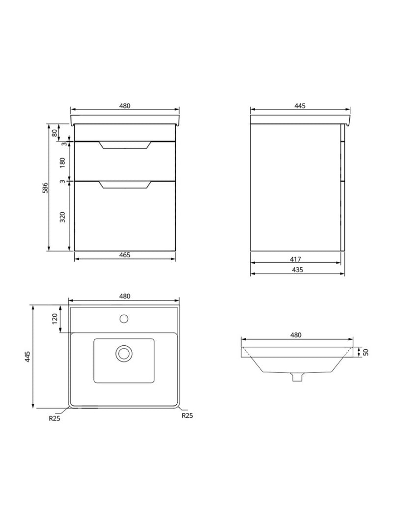 Завантажте зображення в засіб перегляду галереї, Sonas Freya Wall Hung 50Cm Two Drawer Vanity Unit | Matt Black | Gold Handle | UF1132