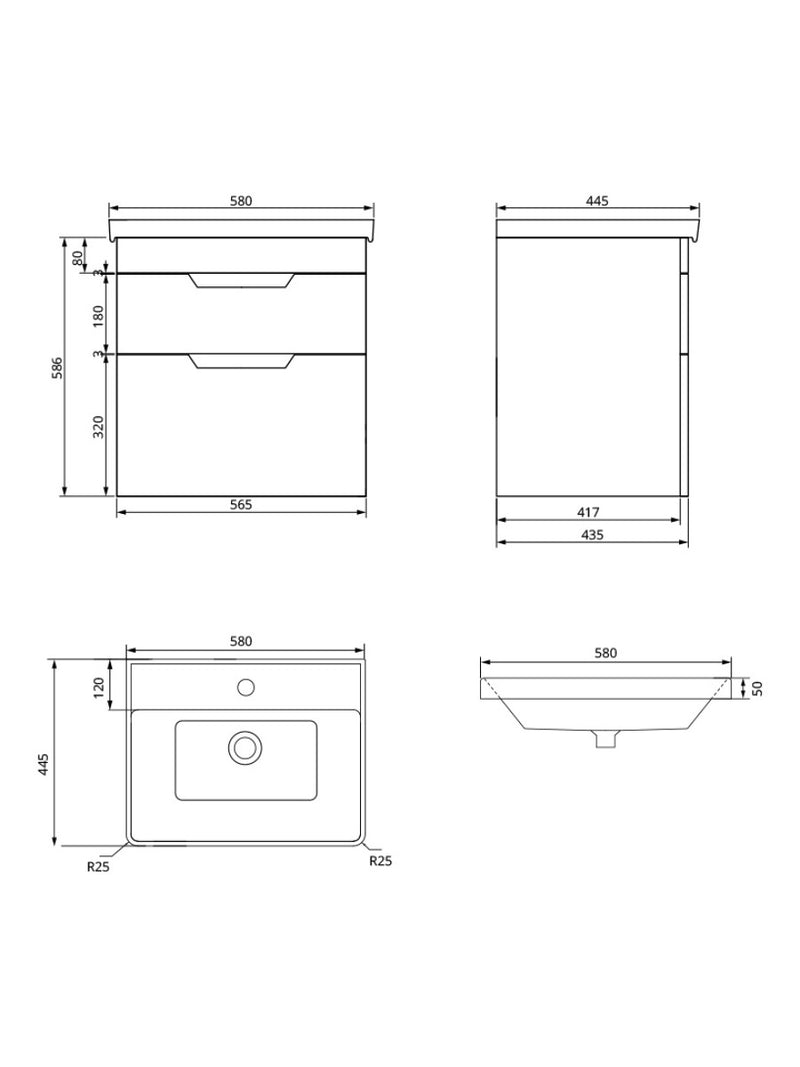 Załaduj obraz do przeglądarki galerii, Sonas Freya Wall Hung 60Cm Two Drawer Vanity Unit | Matt Black | Chrome Handle | UF1136