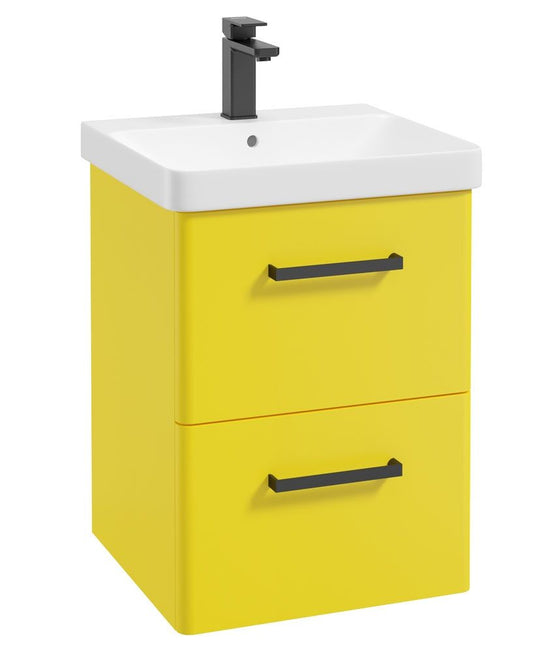 KORA Wall Hung 50cm Two Drawer Unit Matt Sun-Kissed Yellow-Black Handle
