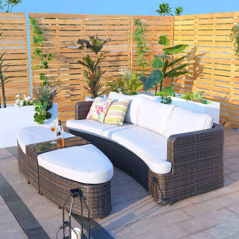 Load image into Gallery viewer, sofa set with 2 ottomans and a glass topped rectangular table in a natural colour