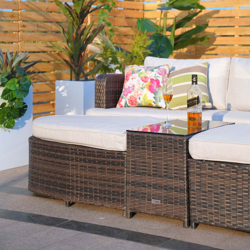 Load image into Gallery viewer, sofa set with 2 ottomans and a glass topped rectangular table in a natural colour