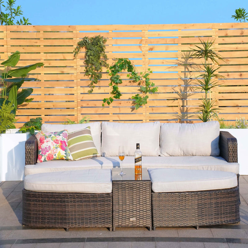 Load image into Gallery viewer, sofa set with 2 ottomans and a glass topped rectangular table in a natural colour