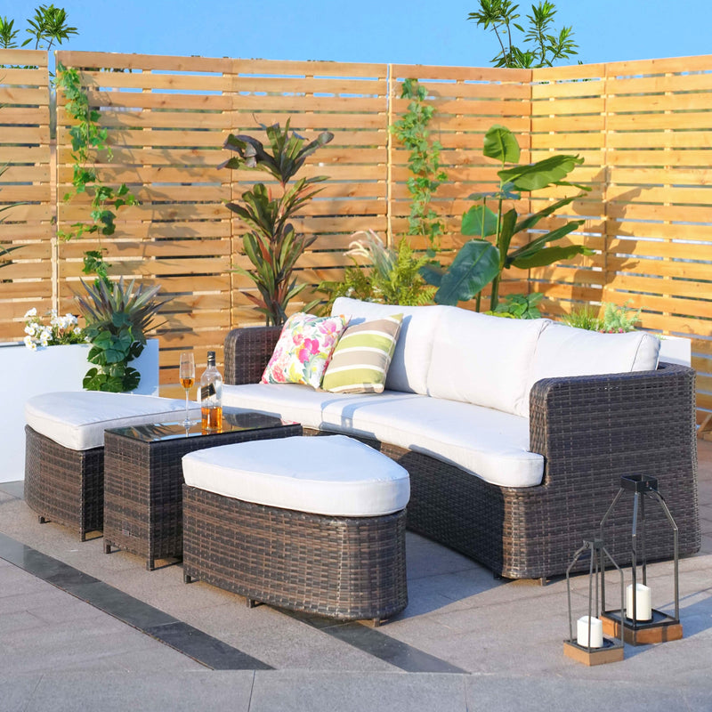 Load image into Gallery viewer, sofa set with 2 ottomans and a glass topped rectangular table in a natural colour