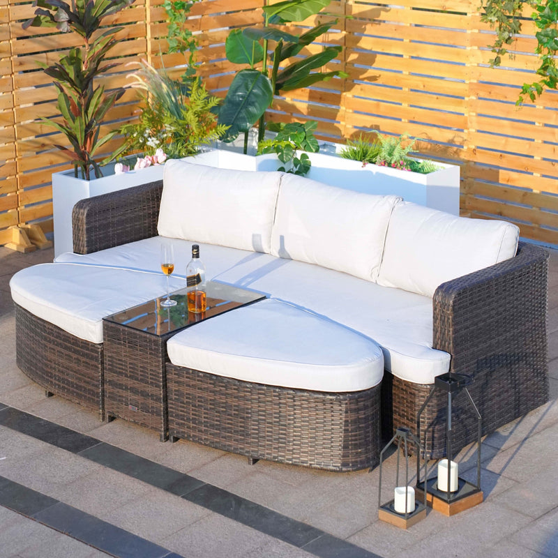 Load image into Gallery viewer, sofa set with 2 ottomans and a glass topped rectangular table in a natural colour