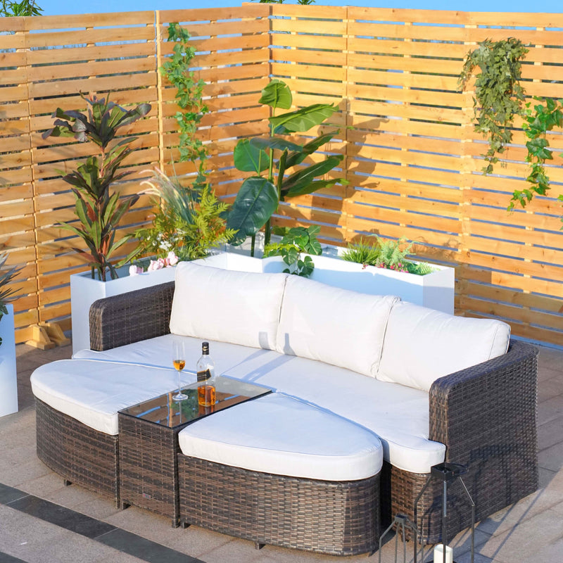 Load image into Gallery viewer, sofa set with 2 ottomans and a glass topped rectangular table in a natural colour