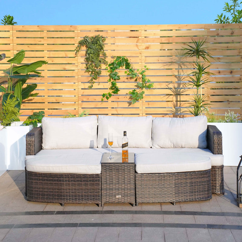 Load image into Gallery viewer, sofa set with 2 ottomans and a glass topped rectangular table in a natural colour