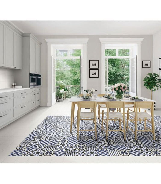 blue trinity tile 20x20cm displayed in a kitchen