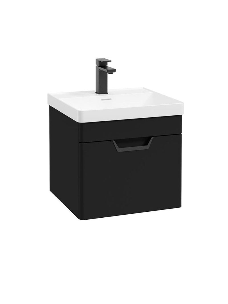 Załaduj obraz do przeglądarki galerii, Sonas Freya Wall Hung 50Cm Single Drawer Vanity Unit | Matt Black | Matt Black Handle | UF1128