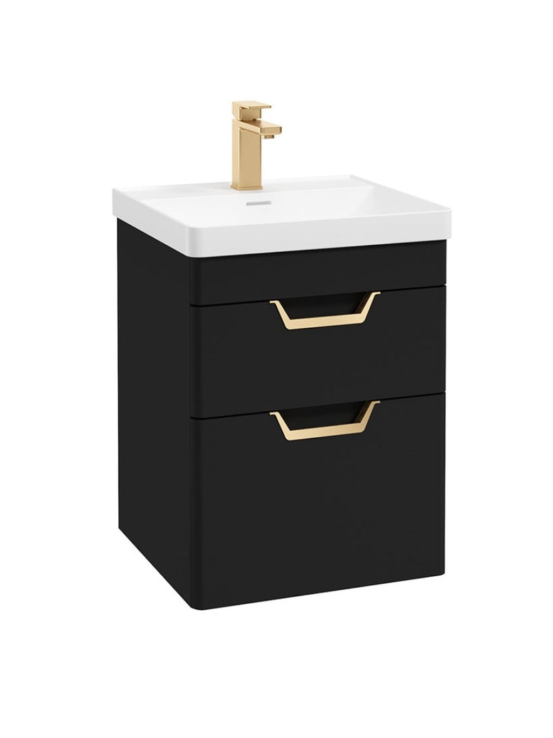 Завантажте зображення в засіб перегляду галереї, Sonas Freya Wall Hung 50Cm Two Drawer Vanity Unit | Matt Black | Gold Handle | UF1132