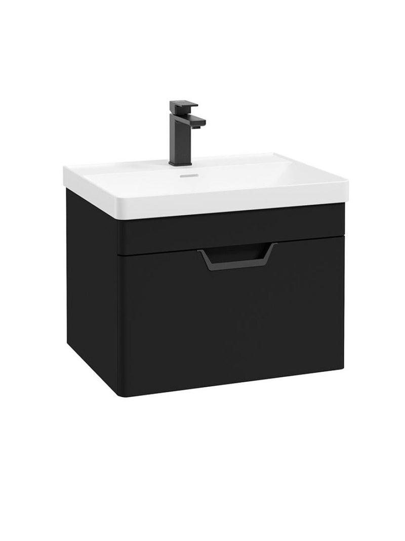 Załaduj obraz do przeglądarki galerii, Sonas Freya Wall Hung 60Cm Single Drawer Vanity Unit | Matt Black | Matt Black Handle | UF1134