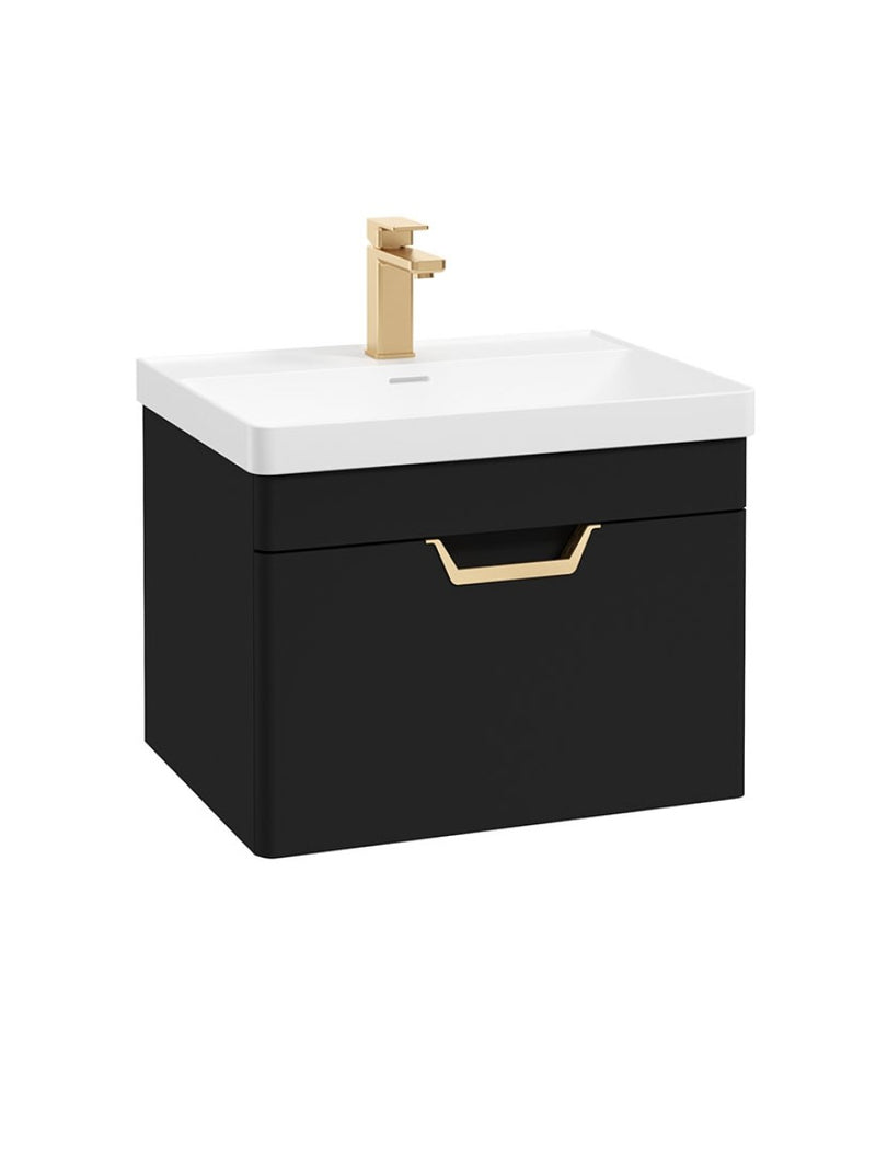 Завантажте зображення в засіб перегляду галереї, Sonas Freya Wall Hung 60Cm Single Drawer Vanity Unit | Matt Black | Gold Handle | UF1135