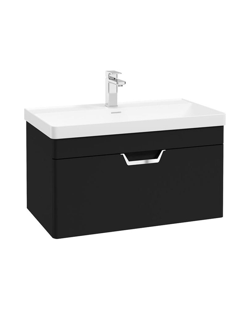 Załaduj obraz do przeglądarki galerii, Sonas Freya Wall Hung 80Cm Single Drawer Vanity Unit | Matt Black | Chrome Handle | UF1139