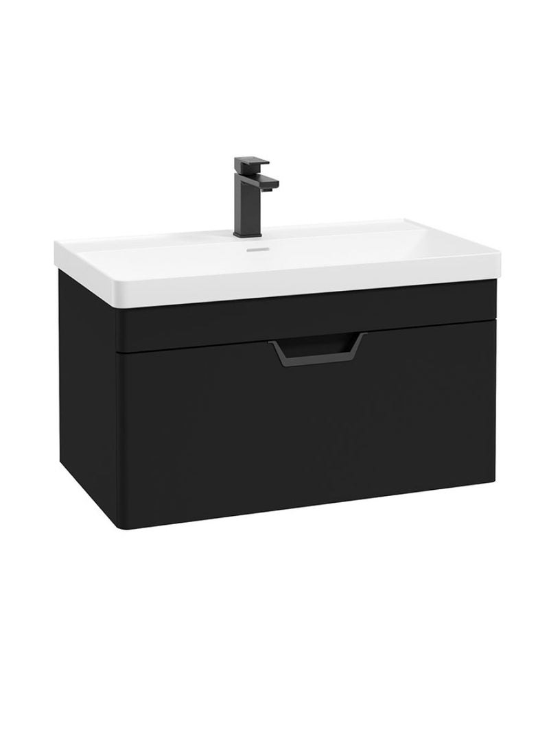 Load image into Gallery viewer, Sonas Freya Wall Hung 80Cm Single Drawer Vanity Unit | Matt Black | Matt Black Handle | UF1140