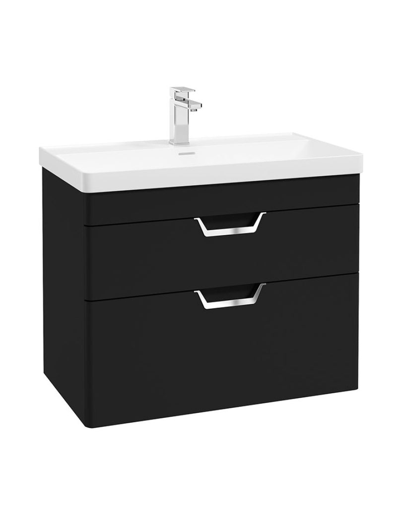 Załaduj obraz do przeglądarki galerii, Sonas Freya Wall Hung 80Cm Two Drawer Vanity Unit | Matt Black | Chrome Handle | UF1142