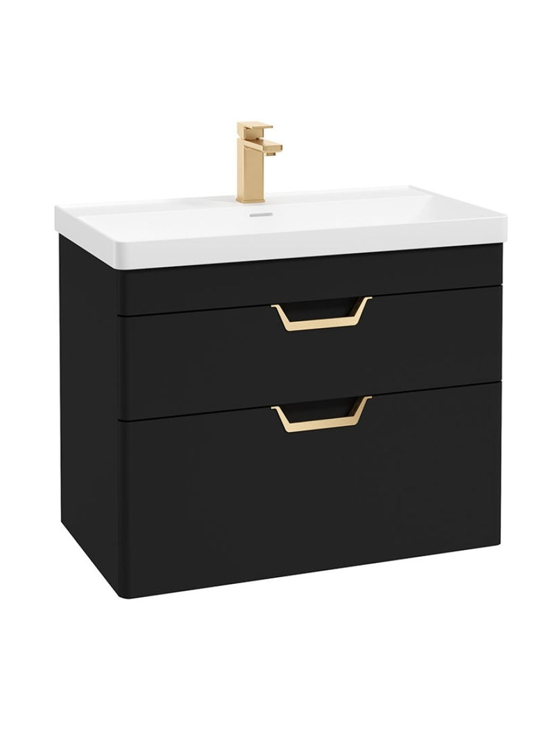 Load image into Gallery viewer, Sonas Freya Wall Hung 80Cm Two Drawer Vanity Unit | Matt Black | Gold Handle | UF1144