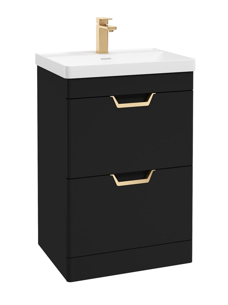 Завантажте зображення в засіб перегляду галереї, Sonas Freya Floorstanding 60Cm Two Drawer Vanity Unit | Matt Black | Gold Handle | UF1150