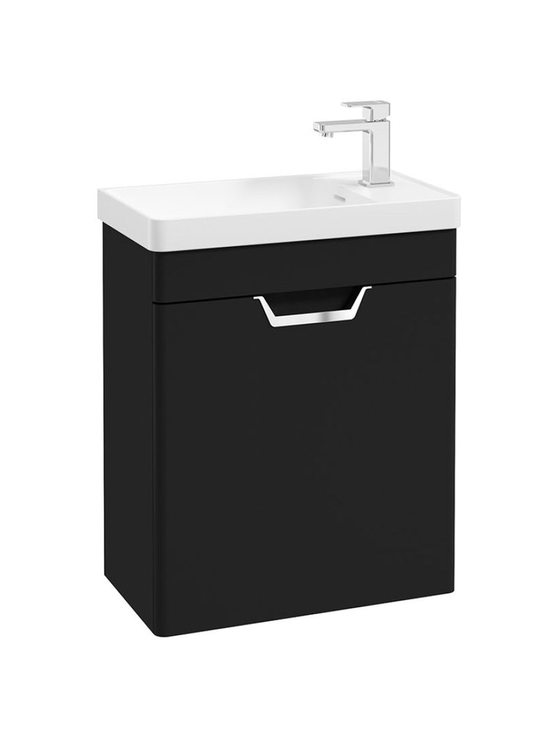 Завантажте зображення в засіб перегляду галереї, Sonas Freya Wall Hung 55Cm Single Door Cloakroom Vanity Unit | Matt Black | Chrome Handle | UF1154