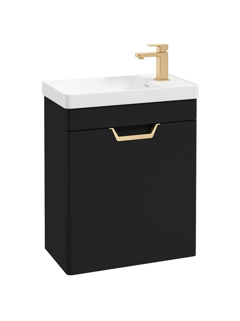 Load image into Gallery viewer, Sonas Freya Wall Hung 55Cm Single Door Cloakroom Vanity Unit | Matt Black | Gold Handle | UF1156