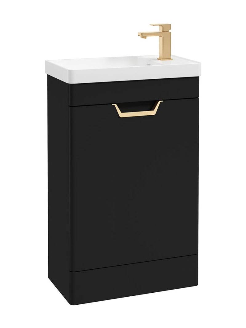 Завантажте зображення в засіб перегляду галереї, Sonas Freya Floorstanding 55Cm Single Door Cloakroom Vanity Unit | Matt Black | Gold Handle | UF1159