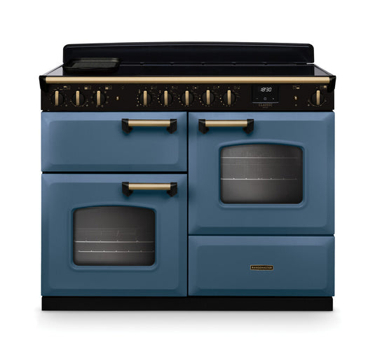 Rangemaster Classic Deluxe Oc 110 Induction Stone Blue with Antique Brass Trim | CLDLO110EIPSTB/AB1