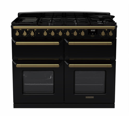 Rangemaster Estel Deluxe 110 Slow Oven | Dual Fuel | Gloss Black | Antique Brass Trim | ESDLB110DFPGBL/AB1
