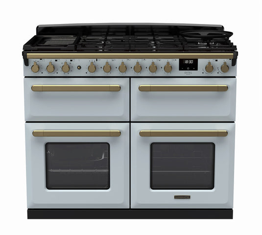 Rangemaster Estel Deluxe 110 Slow Oven | Dual Fuel | Misty Blue  | Antique Brass Trim | ESDLB110DFPMSB/AB1