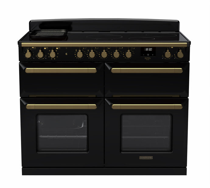 Rangemaster Estel Deluxe 110 Slow Oven | Induction | Gloss Black | Antique Brass Trim | ESDLB110EIPGBL/AB1